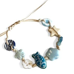 Star Sea Bracelet Blue White Ceramic Beaded Tan Cord Adjustable Beach